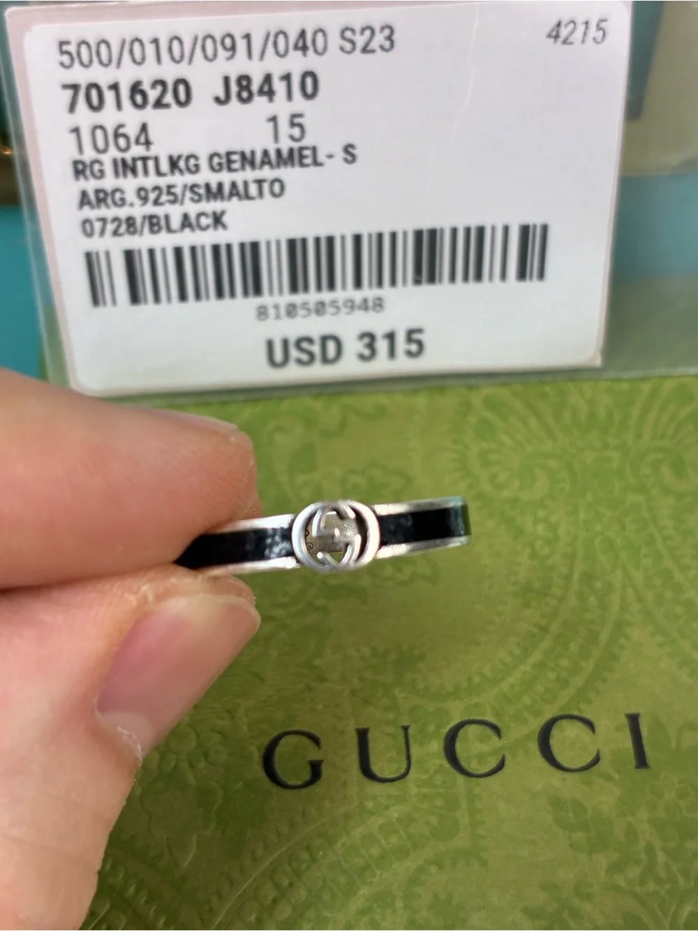 NWT Gucci Silver Metal & Black Enamel Interlocking GG Ring - IT Size 15 = 7 US
